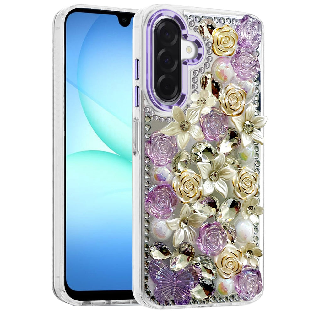 For Samsung Galaxy A17 5G 3D Diamond Floral Roses Flower Bling Stone Hybrid, Sparkly Rhinestone Gemstone Back Shockproof Case Cover