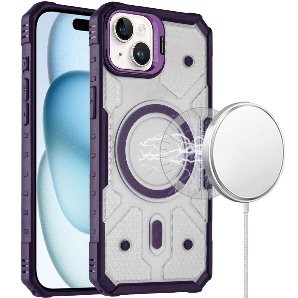 For Apple iPhone 15 Transparent Tough Dotted Magnetic Case with Camera Stand & Hybrid Grip Shockproof Case Cover