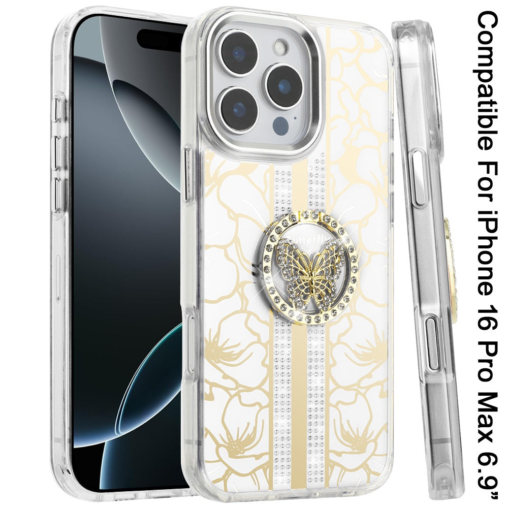 Phone Case for Apple iPhone 16 Pro Max Floral Butterfly Ring Stand Glitter Bling Shockproof Hybrid Luxury Fashion Protective Anti Slip Durable Grip Cover