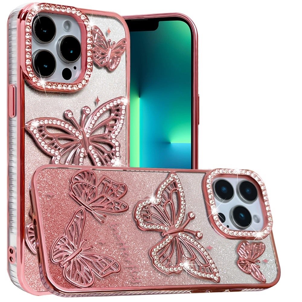 For Apple iPhone 13 Pro Luxury Butterfly Sparkle Glitter Diamond Crystal Rhinestone Shimmer Bling Plating Thick TPU Hard PC Case Cover