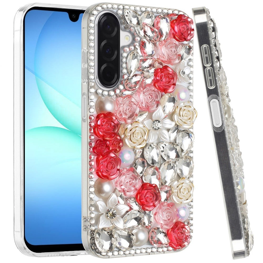 Phone Case for Samsung Galaxy A17 5G Rose Flower Full Diamond Bling Rhinestone Glitter Luxury Stylish Sparkle Protective Designer Hybrid Cover