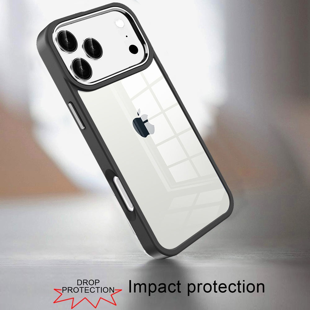 For Apple iPhone 17 Pro (6.3") Slim Fit Hybrid Transparent Thick Acrylic with Metal Buttons Frame Protective Hard PC + TPU Shockproof Case Cover Cosmic Orange