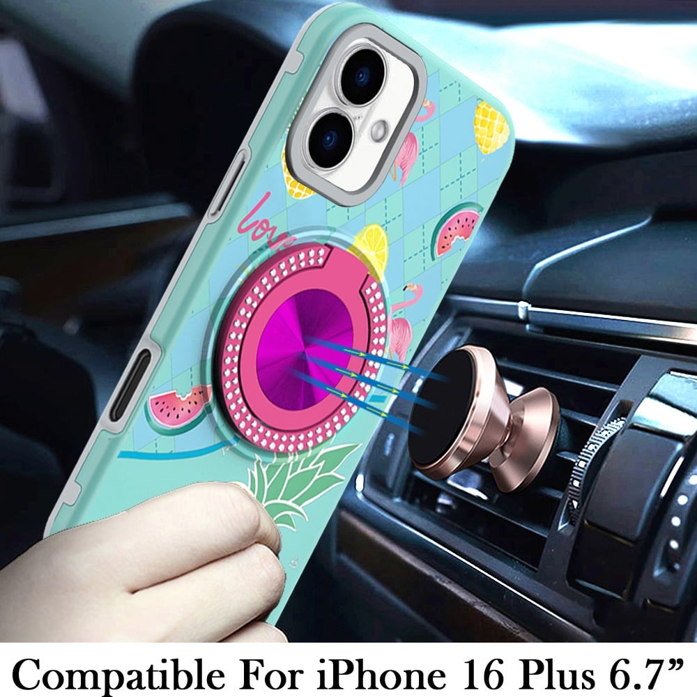 For Apple iPhone 16 Plus Pattern Design Hybrid with Invisible Ring Stand & Magnetic Back, Shockproof Protective Grip Case Cover Hot Air Balloon
