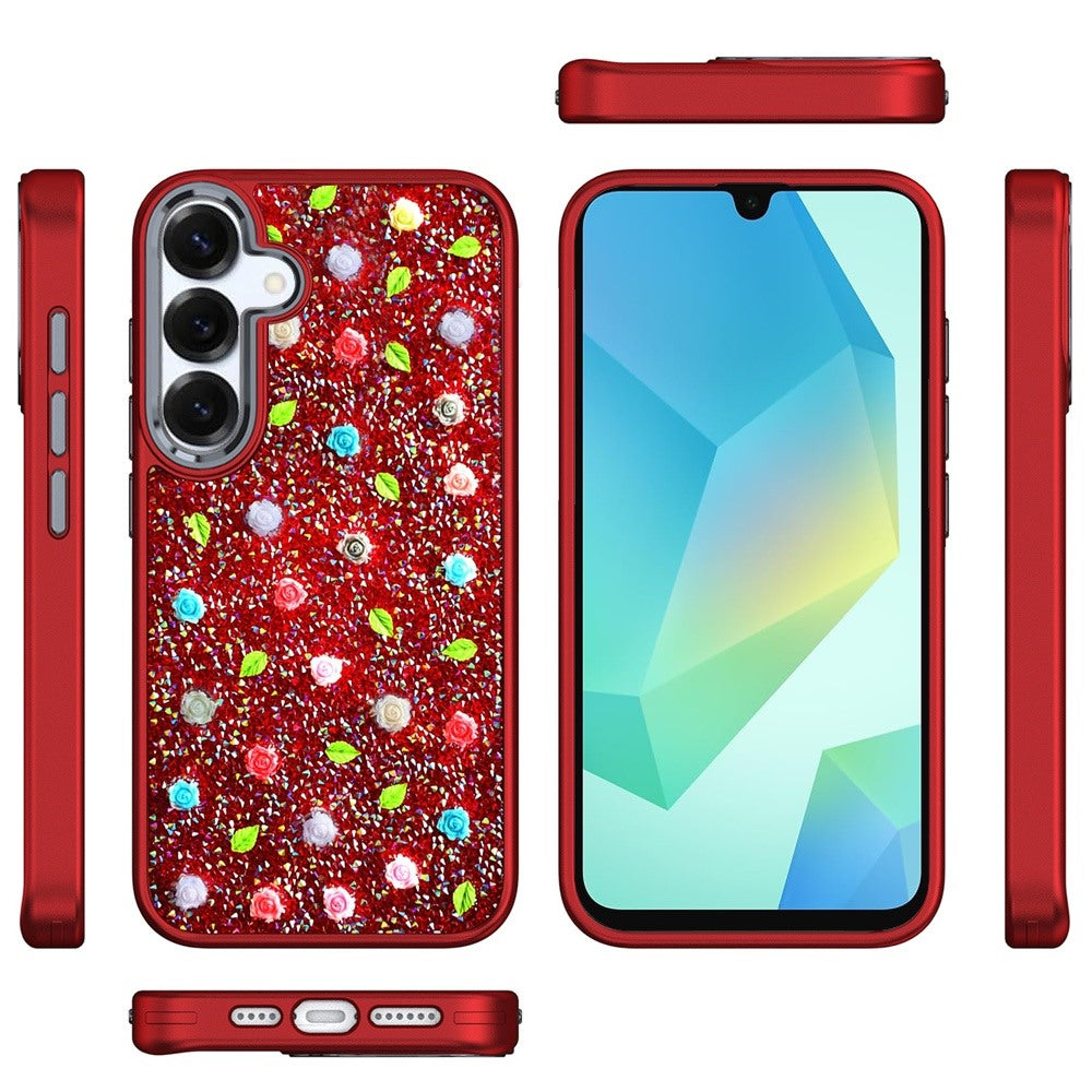 For Samsung Galaxy S25 /S24 Floral Design Embedded Glass Diamond Fancy Fashion Glitter Bling Sparkly Hybrid Rugged TPU Bumper Case Cover