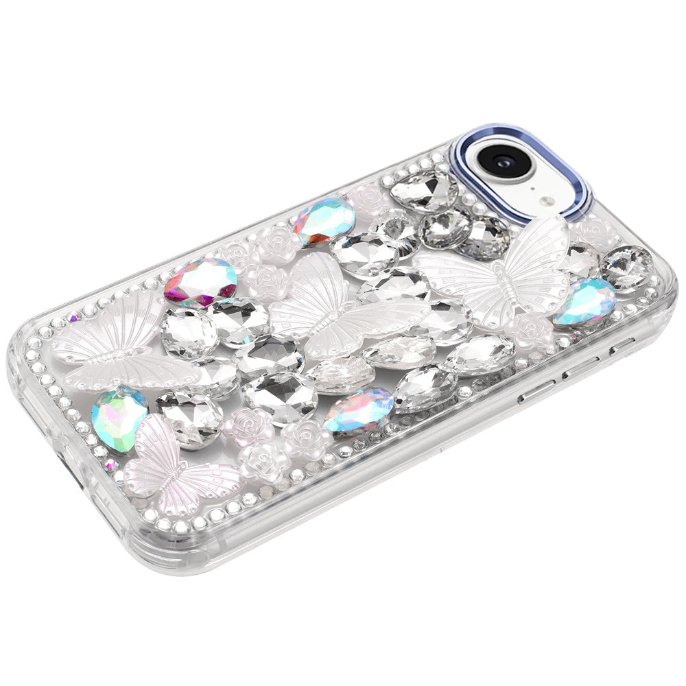 For Apple iPhone 17E /16E 3D Diamond Floral Butterfly Bling Stone Hybrid, Sparkly Rhinestone Gemstone Back Shockproof Case Cover