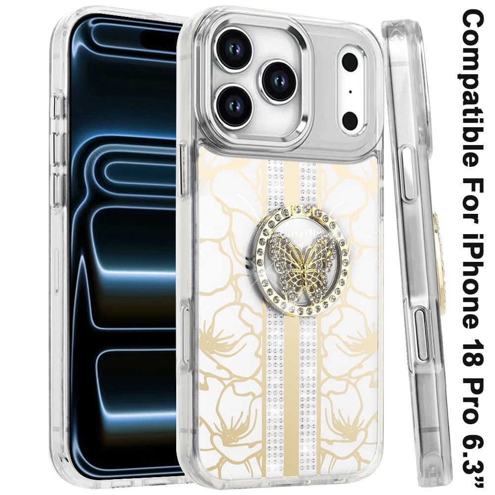 Phone Case for Apple iPhone 18 Pro Floral Butterfly Ring Stand Glitter Bling Shockproof Hybrid Luxury Fashion Protective Anti Slip Durable Grip Cover