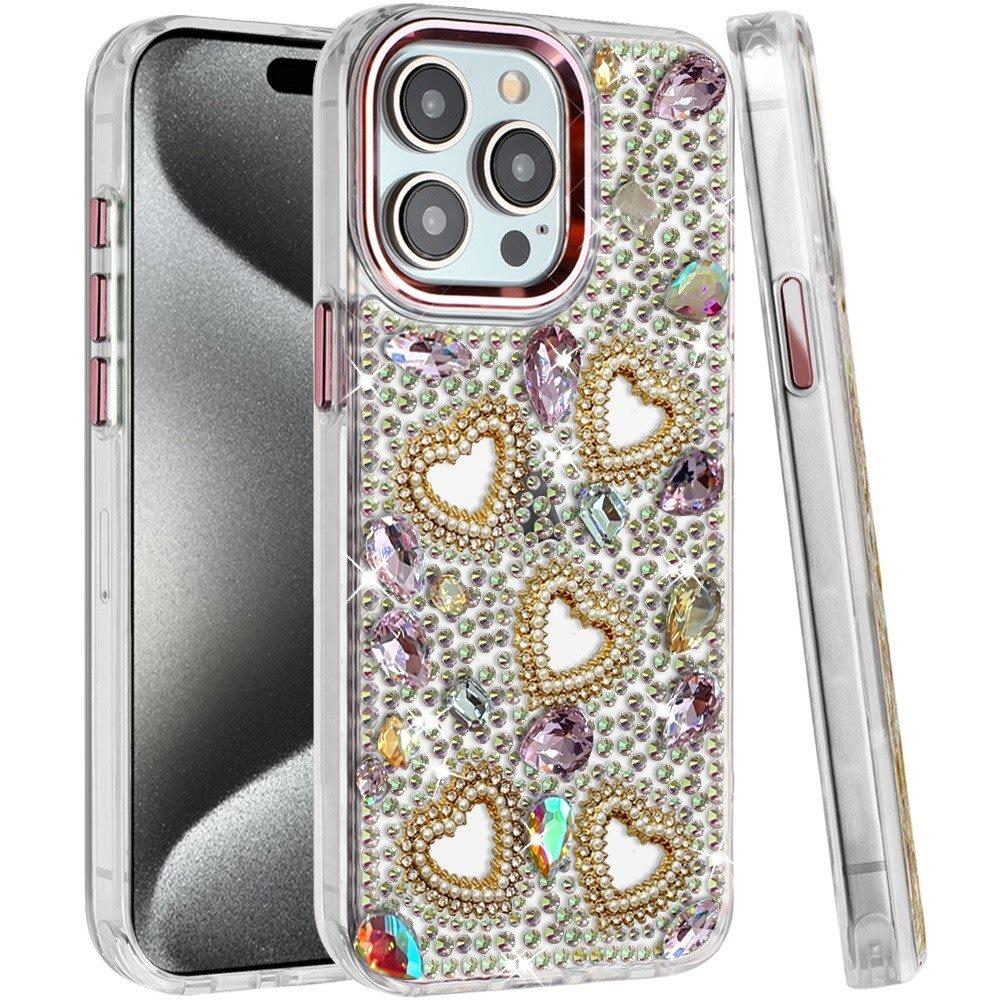 Phone Case for Apple iPhone 15 Pro Max Luxury Crystal Heart Rhinestone Diamond Bling Shockproof Hybrid Glitter Protective Stylish Durable Grip Cover