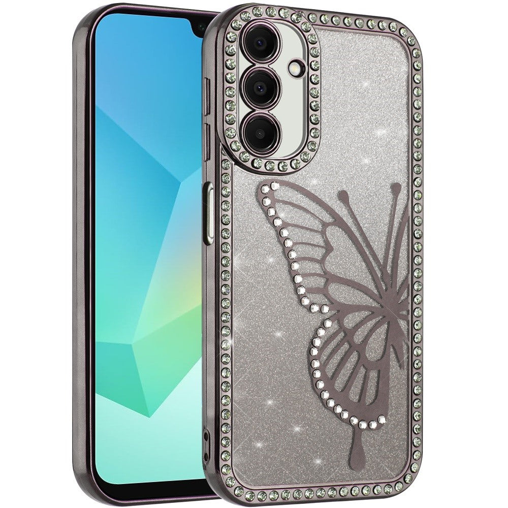 For Apple iPhone 17E /16E Butterfly Glitter Diamond Shimmer Hybrid Slim & Stylish Electroplated Sparkly Bling Shockproof TPU Protective Case Cover Black