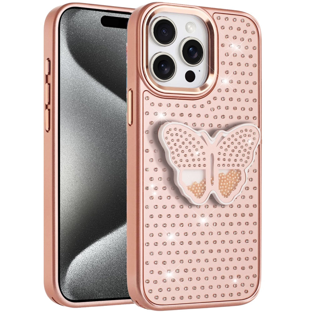 For Apple iPhone 15 Pro Max Butterfly Moveable Grip 3D Pop Stand Full Diamond Bling Sparkling TPU Fashion Hybrid Case Cover