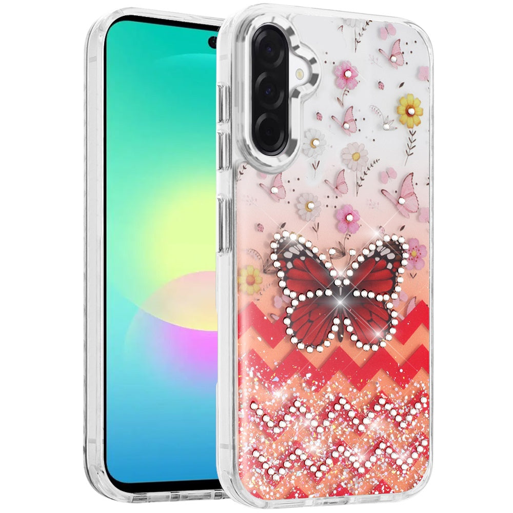 Phone Case for Samsung Galaxy A27 Butterfly Resin Epoxy Diamond Bling Metal Edge Shockproof Hybrid Luxury Protective Durable Stylish Fashion Grip Cover