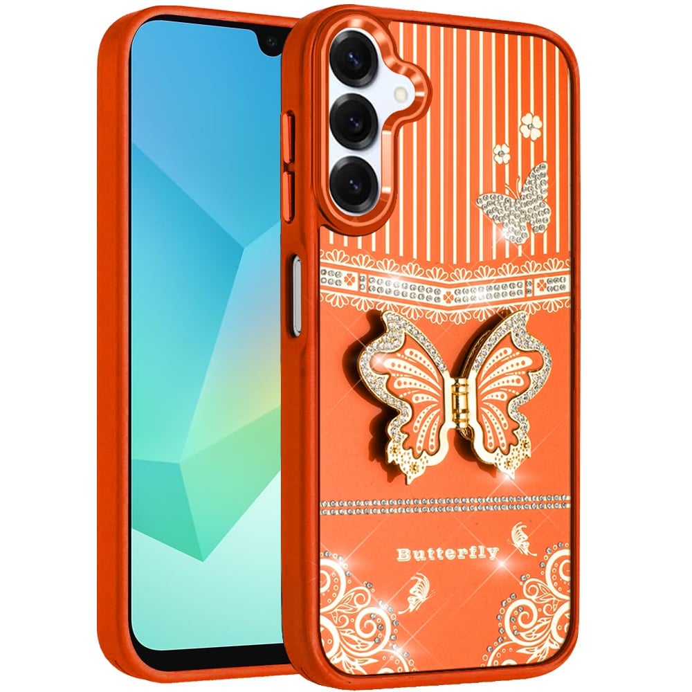For Samsung Galaxy A16 5G Glitter 3D Butterfly Design Bling Metallic Edge Hybrid Stand Drop Protection TPU Shockproof Case Cover Red