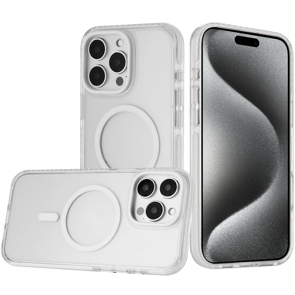 For Apple iPhone 15 Pro Max Transparent Hybrid with Color-Matched Magnetic Circle, Rubber TPU Frame Hard PC Shockproof Case Cover