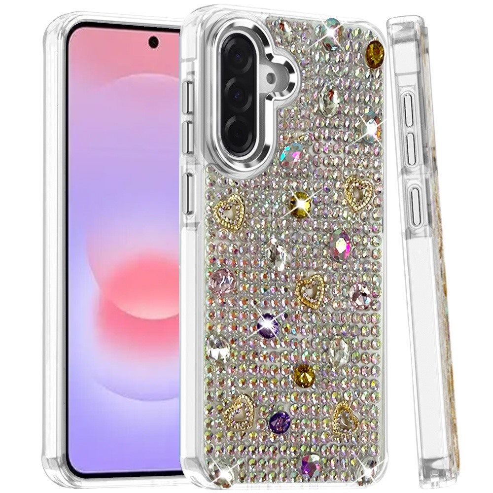 Phone Case for Samsung Galaxy A37 Chrome Fashion Hybrid Bling Diamond Heart Rhinestone Decorative Stones Sparkling Embellished Design Cover