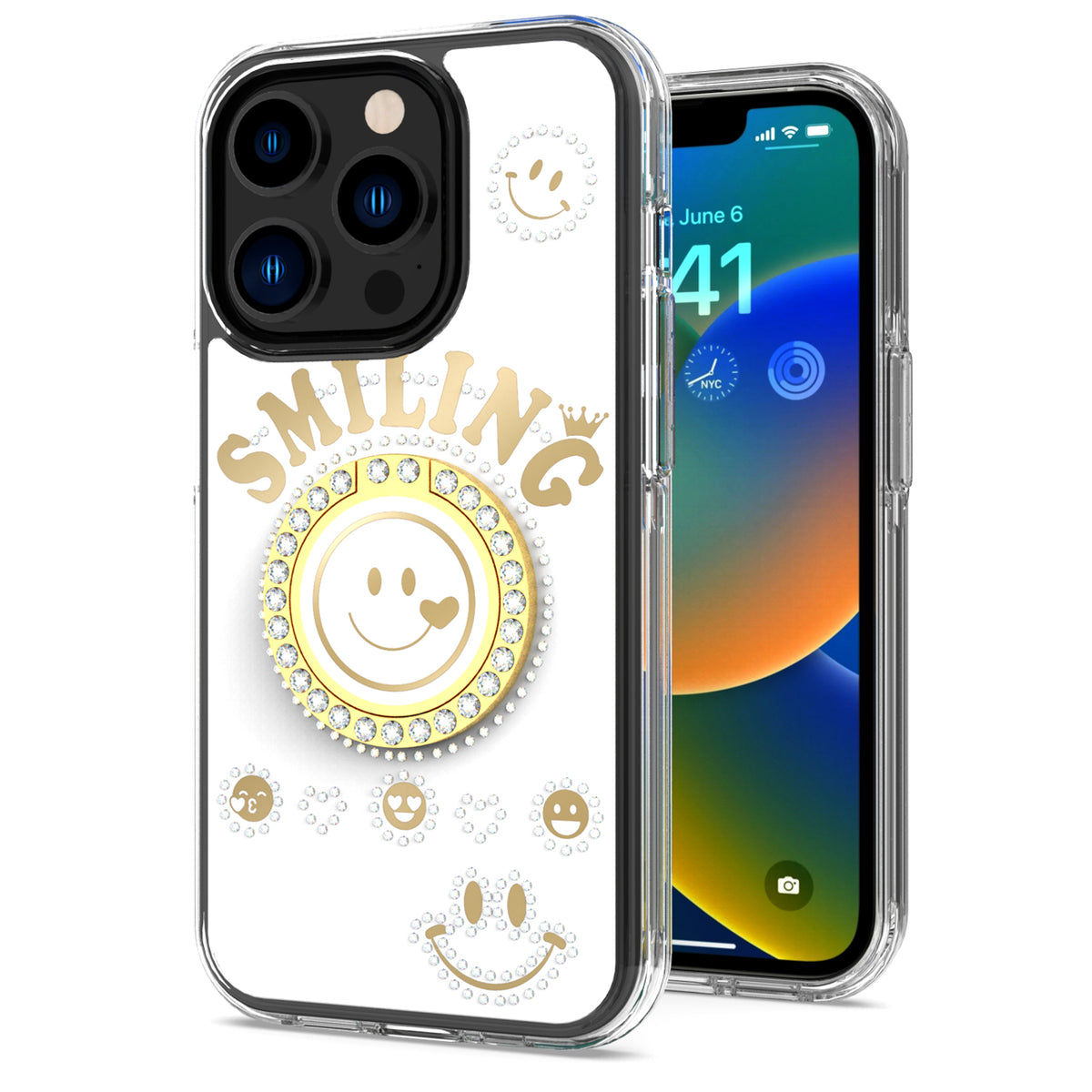 For Apple iPhone 8 Plus/7 Plus/6 6S Plus Smiling Glitter Ornament Bling Sparkle with Ring Stand Hybrid Hard Back Shell Phone Case Cover
