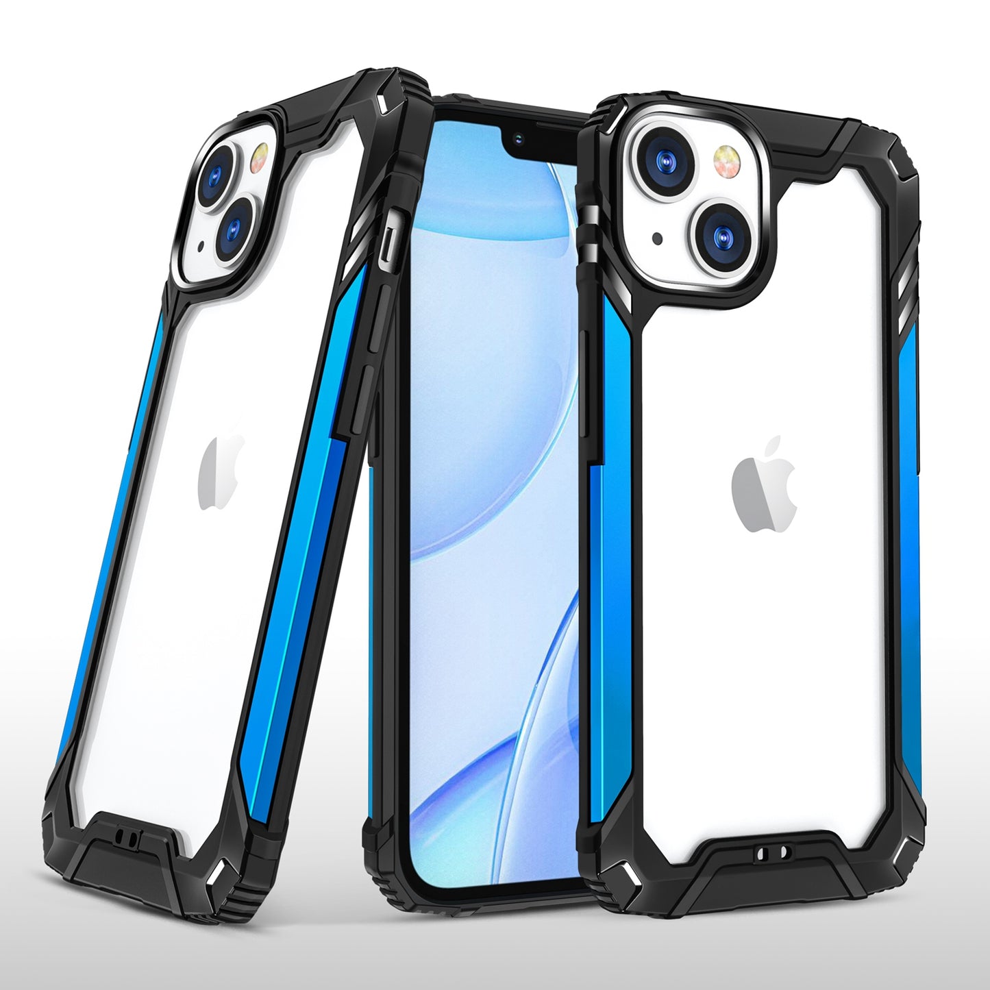For Apple iPhone 14 (6.1") Metal Frame Transparent Hybrid Rubber TPU + Hard PC Color Bumper Frame Shockproof Phone Case Cover