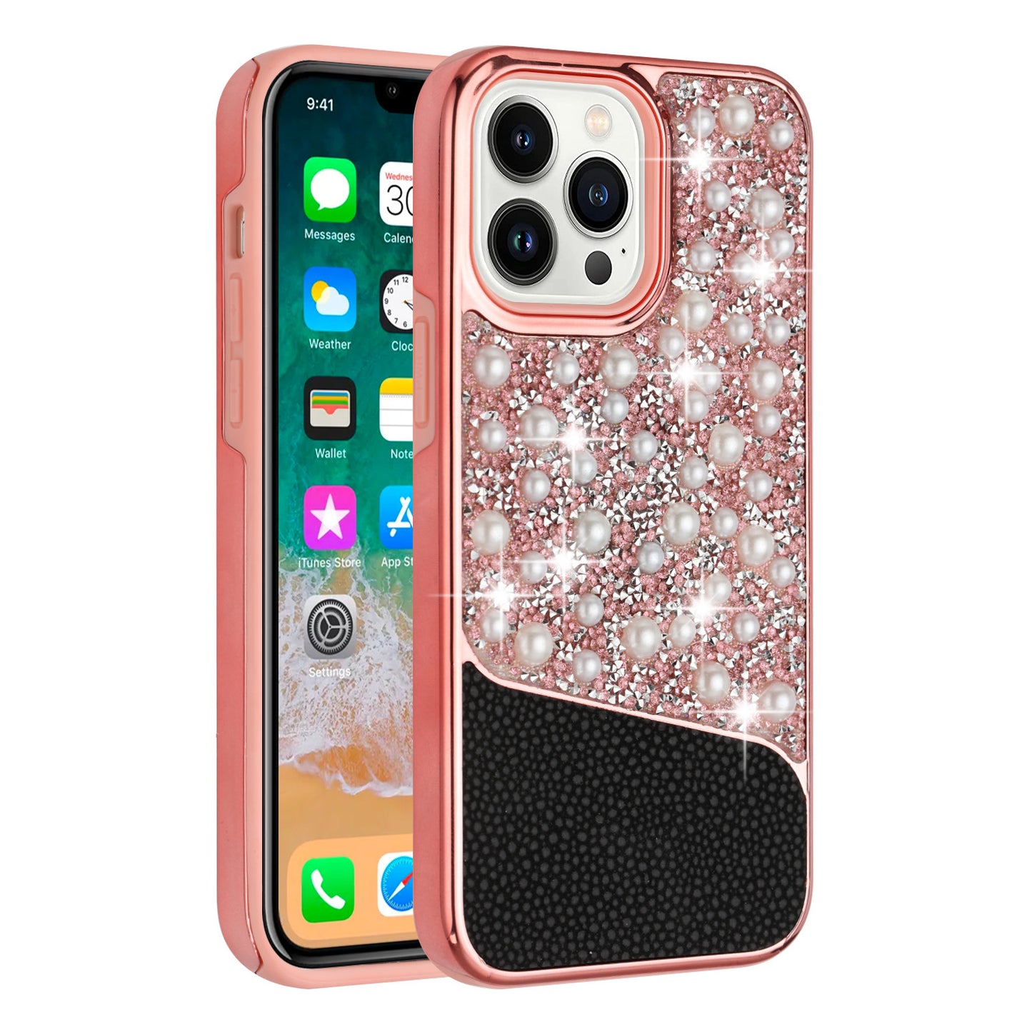 For Apple iPhone 14 (6.1") Bling Pearl Diamonds Design Glitter Hybrid Thick Hard TPU Shiny Protective Rubber Frame Phone Case Cover