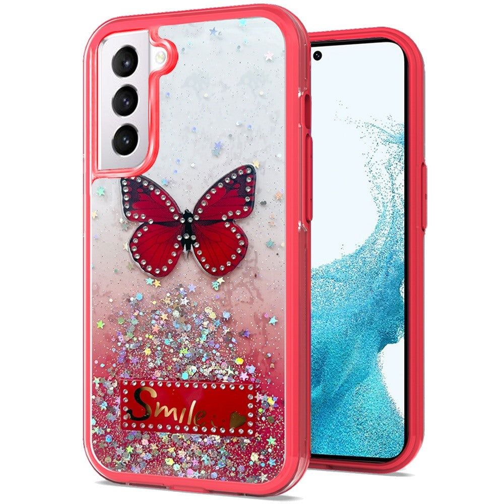For Samsung Galaxy S22 /Plus Ultra Butterfly Smile Glitter Bling Sparkle Epoxy Glittering Shining Hybrid Hard PC TPU Silicone Slim Phone Case Cover