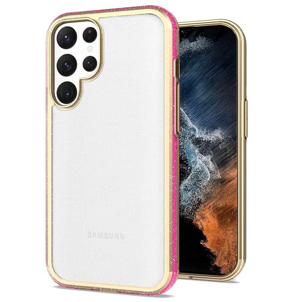 For Samsung Galaxy S22 Ultra Electroplated Gold Frame Glitter Bling Transparent Hybrid Hard PC + TPU Rubber Shockproof Phone Case Cover