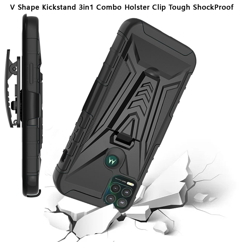 For Cricket Ovation 2 Premium 3 in 1 Rugged Swivel Belt Clip Holster Heavy Duty Tuff Hybrid Armor Rubber TPU with Kickstand Stand Black Phone Case Cover