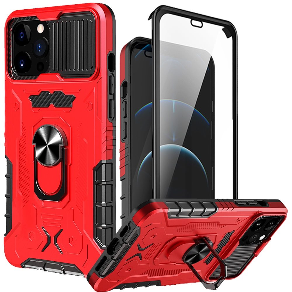 For Apple iPhone 13 Pro Max Ring Stand Cases with Slide Camera, Kickstand & Screen Protector Military Grade Shockproof Phone Case Cover