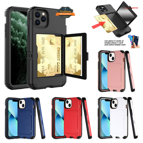 For Apple iPhone 12 /Pro Max Wallet Design with Credit Card Holder, Hidden Back Mirror Stand Heavy Duty Hybrid Shockproof  Phone Case Cover