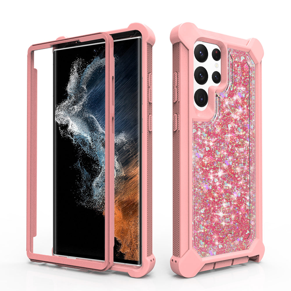 For Samsung Galaxy S22 Ultra Luxury Liquid Glitter 3in1 Sparkle Bling Quicksand Clear Heavy Duty Bumper PC Frame TPU Back Phone Case Cover