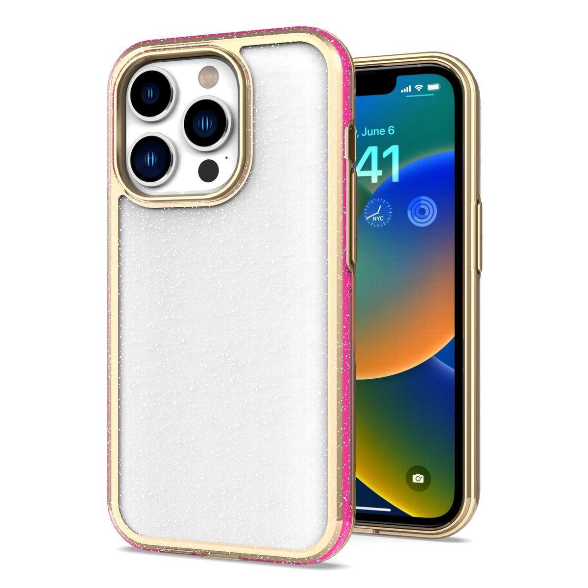 For Apple iPhone 13 Pro Max 6.7" Electroplated Gold Frame Glitter Bling Transparent Hybrid Hard PC Rubber Shockproof Phone Case Cover