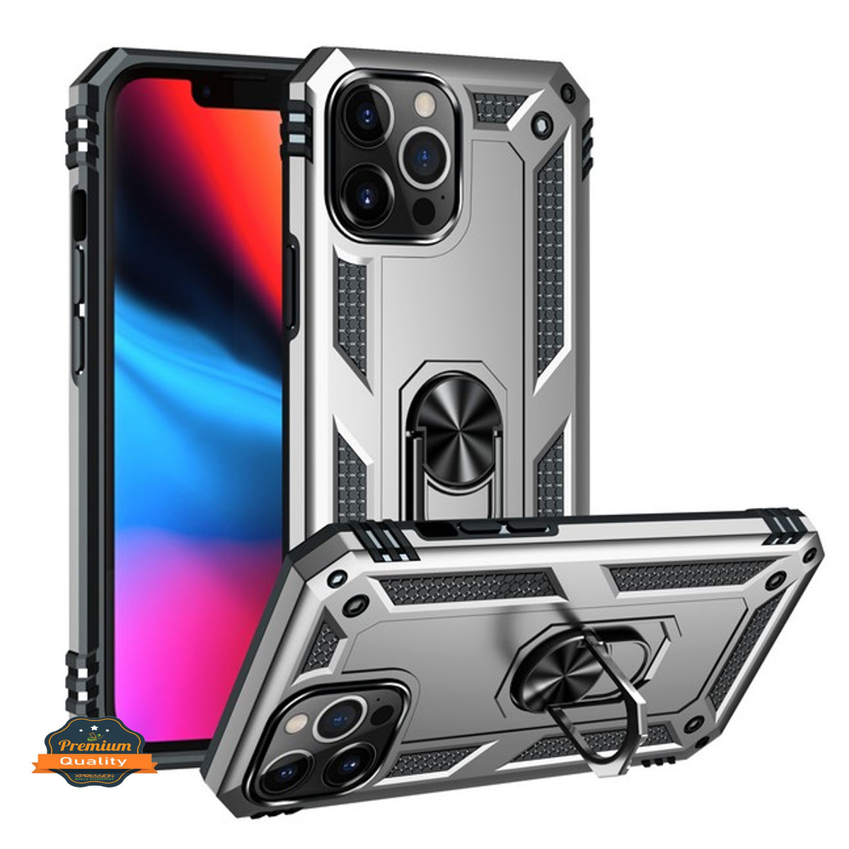 For Apple iPhone 14 Plus (6.7") Shockproof Hybrid Dual Layer PC + TPU with Ring Stand Metal Kickstand Heavy Duty Armor Phone Case Cover
