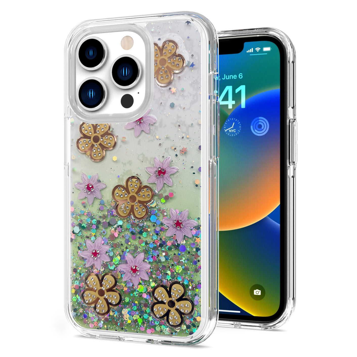 For Apple iPhone 13 Pro Max (6.7") Floral Stylish Design Glitter Shiny Hybrid Rubber TPU Hard PC Shockproof Slim Fit Phone Case Cover