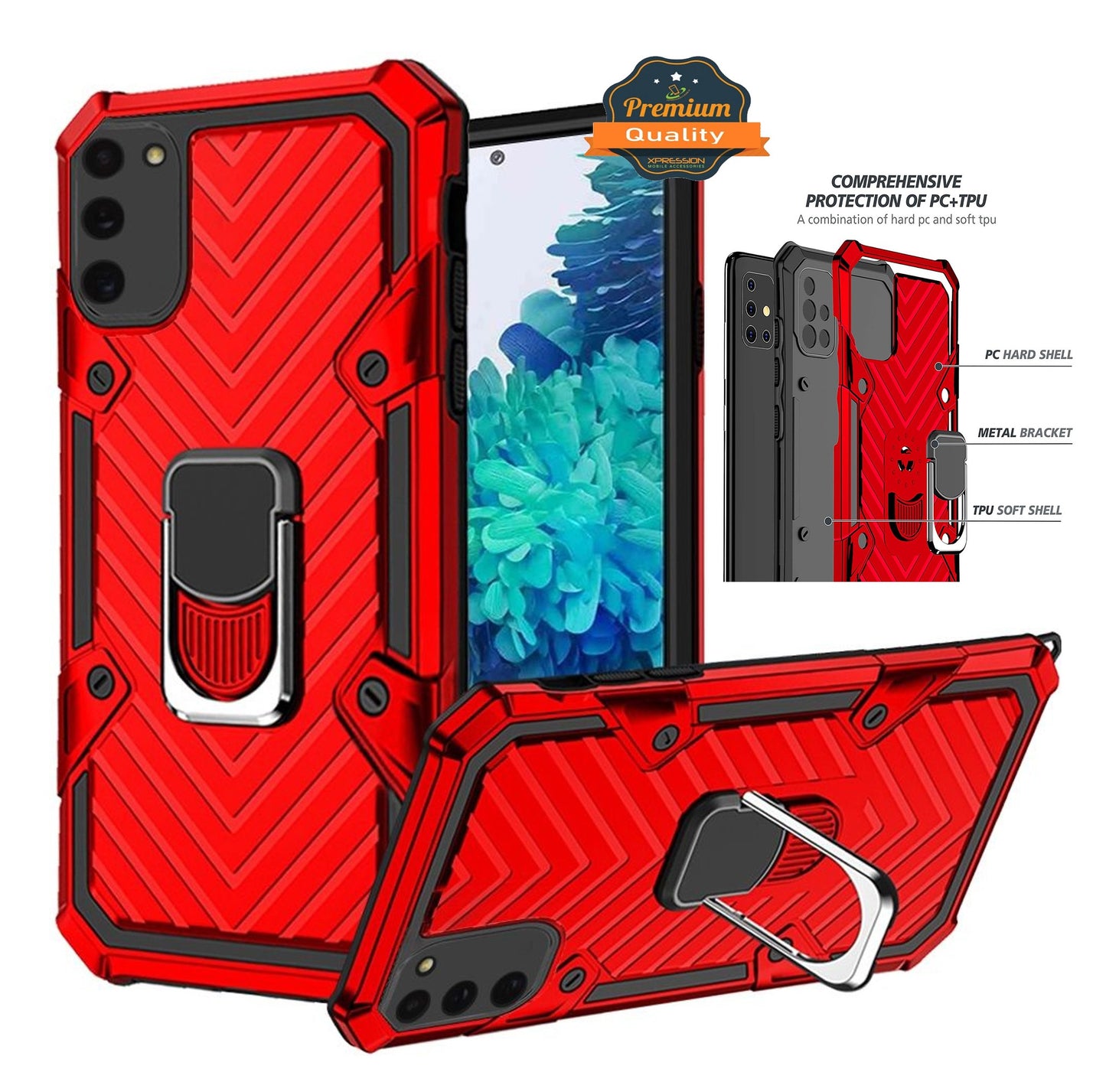 For Samsung Galaxy S21 FE /Fan Edition with Magnetic Ring Holder 360° Rotating Kickstand PC & TPU Dual Layer Hybrid Full-Body Drop Proof Rugged Phone Case Cover