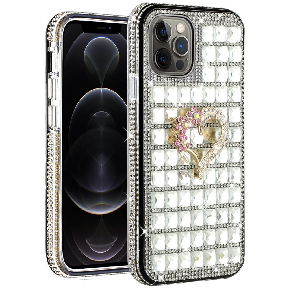 For Apple iPhone 12 /12 Pro (6.1") Fashion Luxury 3D Bling Diamonds Rhinestone Jeweled Ornament Shiny Crystal Hybrid Hard Phone Case Cover