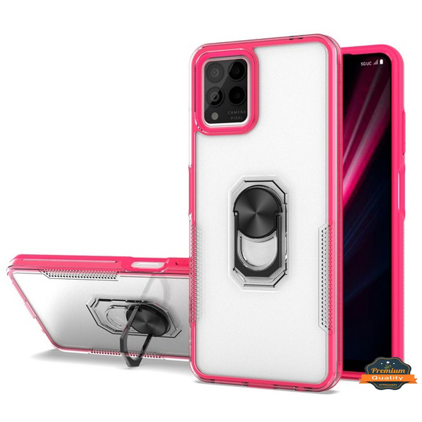 For T-Mobile Revvl 6 Pro 5G Transparent Hybrid with Ring Stand (works with Car Mount) Detachable Frame Bumper Phone Case Cover