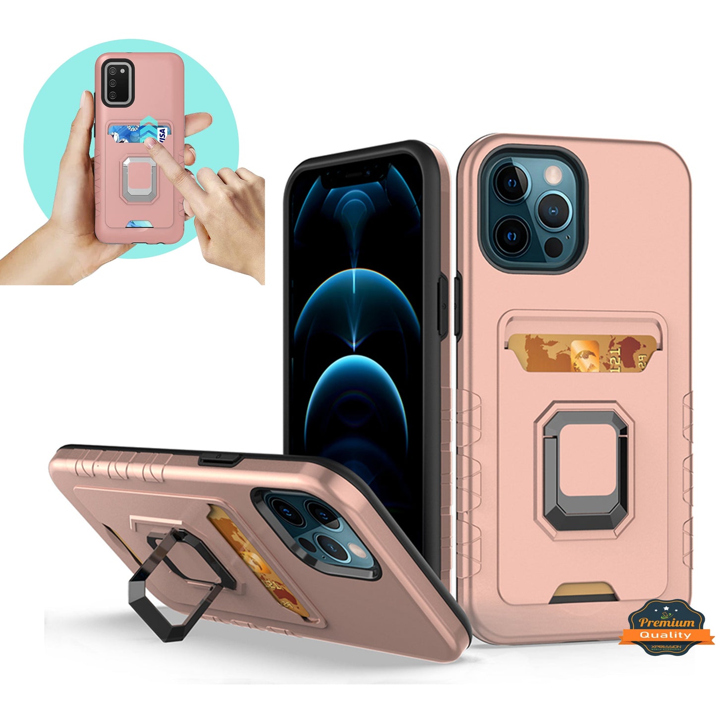For Apple iPhone 13 /Pro Max Credit Card Holder Slot with Stand Kickstand Ring Hybrid Heavy Duty Defender Armor TPU Military Grade Phone Case Cover