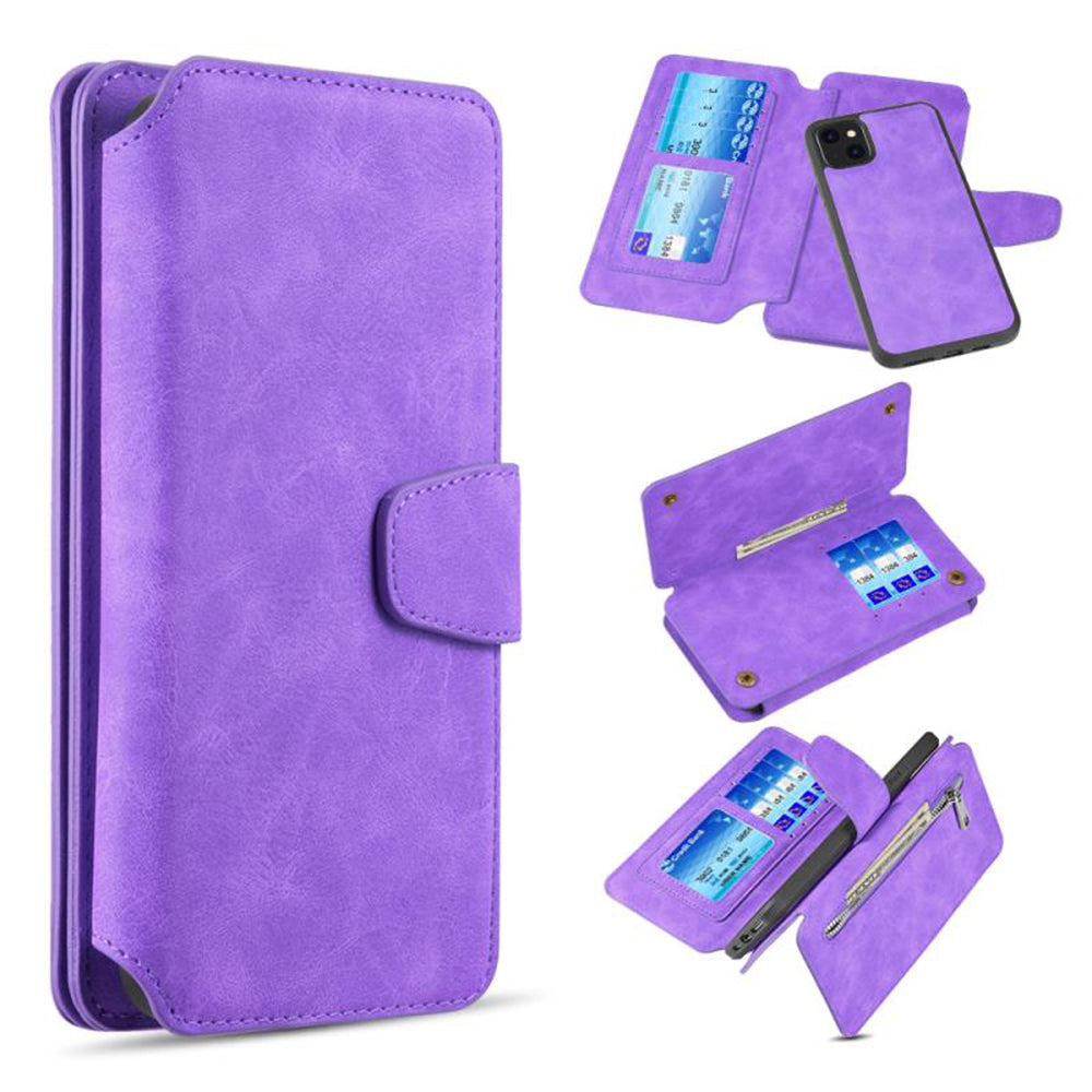 For Apple iPhone 13 /Pro Max Mini Wallet Case Magnetic Detachable Zipper Pocket PU Leather Flip Pouch with 7 Credit Card Slots Holder Phone Case Cover