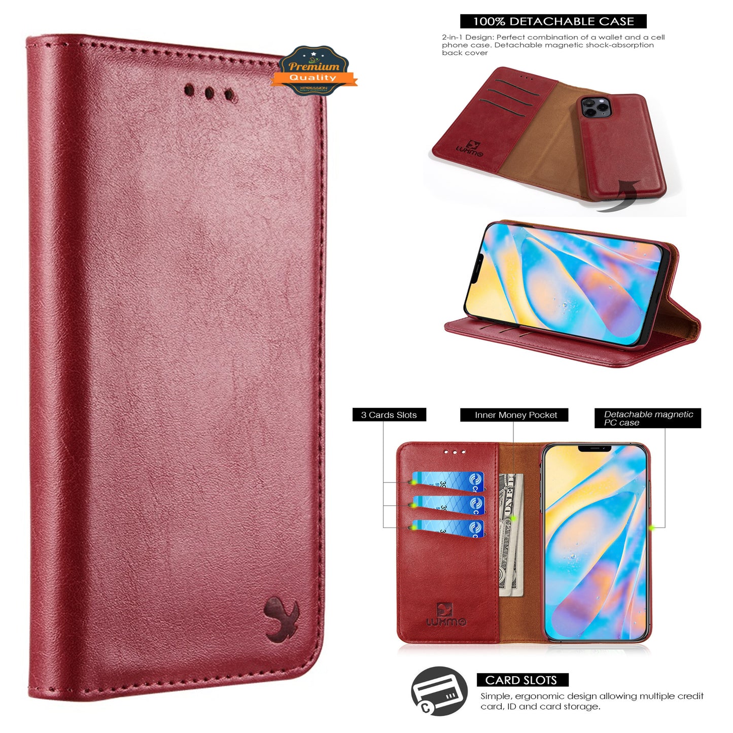 For Apple iPhone 13 /Pro Max Mini Luxury PU Leather Wallet Pouch Magnetic Detachable with Credit Card Slots Removable Flip Kickstand Phone Case Cover