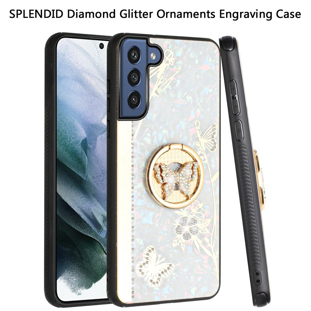 For Samsung Galaxy S22 /Plus Ultra Diamond Bling Sparkly 3D Ornaments Engraving Hybrid with Ring Stand Holder Rugged Fashion Phone Case Cover