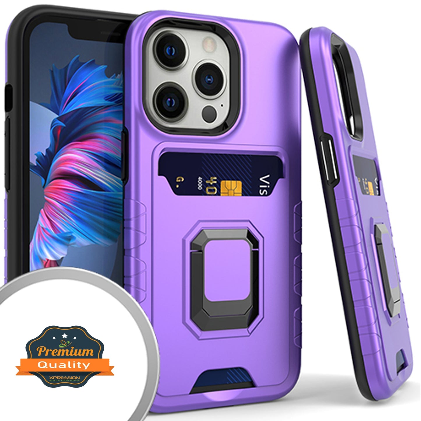 For Apple iPhone 14 (6.1") Wallet Credit Card Slot Holder with Metal Ring Kickstand Hybrid Dual Layer Magnetic Stand Phone Case Cover