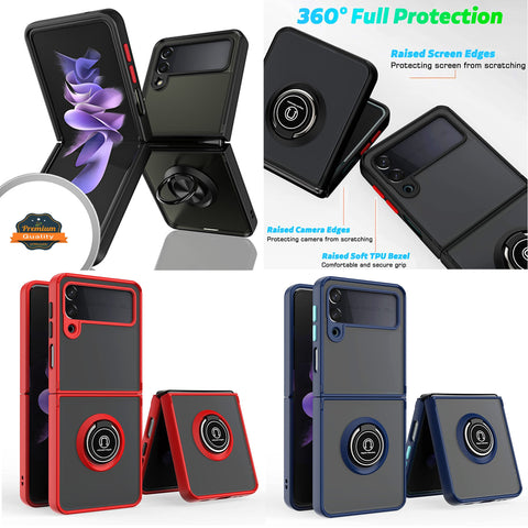 For Samsung Galaxy Z Flip 3 5G Finger Ring Stand Holder Kickstand Hybrid Frosted Matte Silicone TPU Hard PC Frame Shock-Absorption  Phone Case Cover