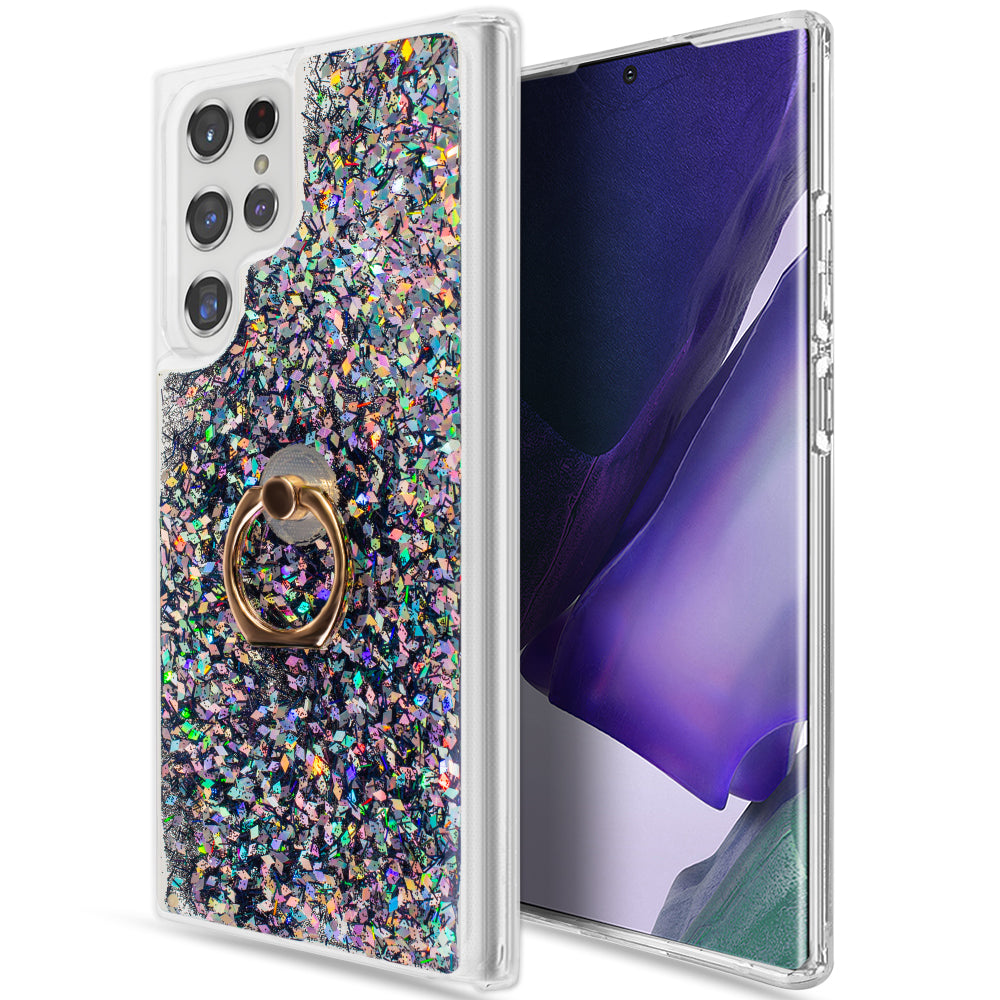 For Samsung Galaxy S23 /Plus /Ultra Hybrid Glitter Bling Sparkling Liquid Quicksand Glittering Sparkle TPU with Ring Stand Holder Phone Case Cover
