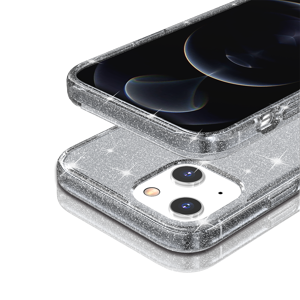 For Apple iPhone 14 Pro (6.1") Transparent Glitter Shiny Sparkle Bling TPU Rubber Hard Back Hybrid Frame Shockproof Gray Smoke Phone Case Cover