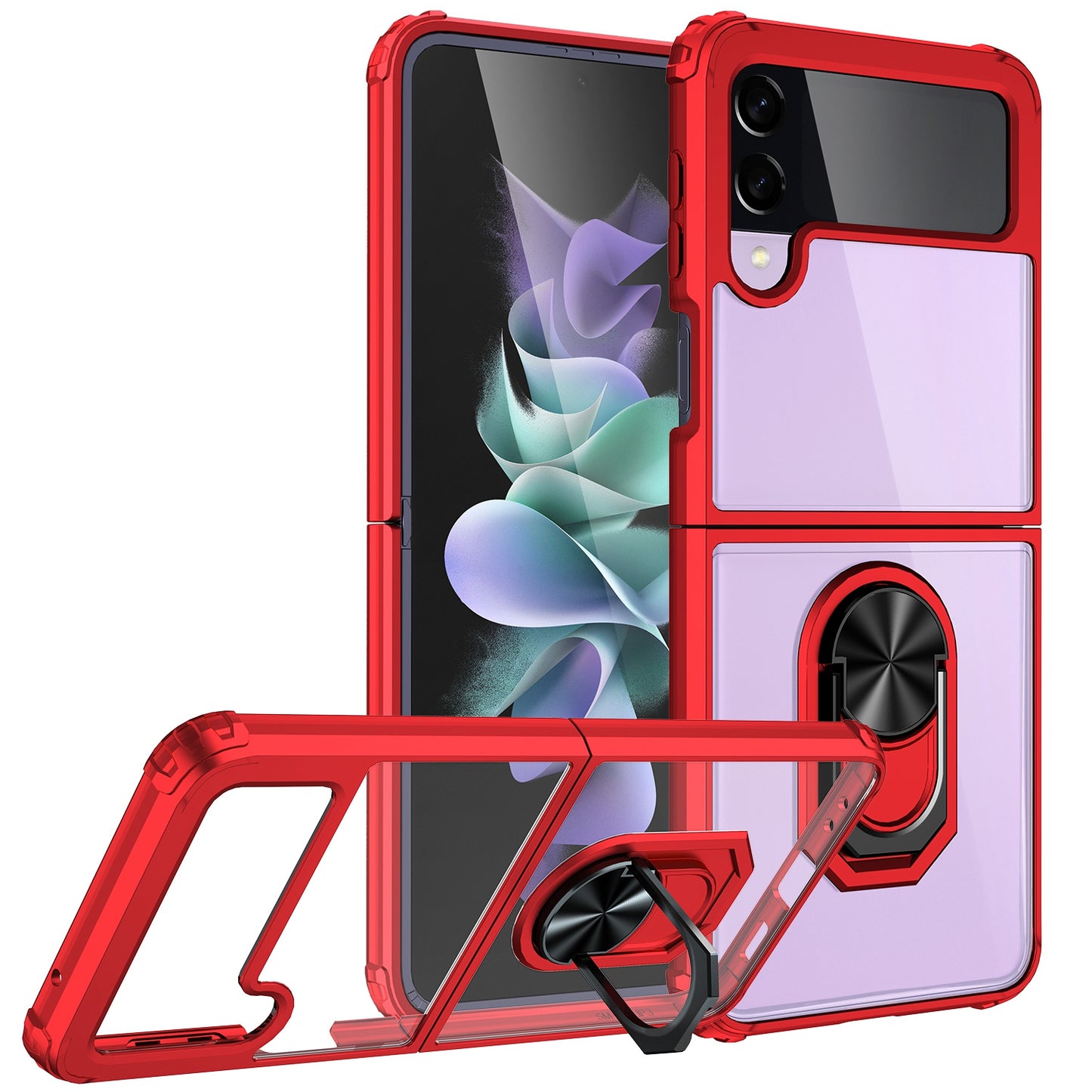 For Samsung Galaxy Z Flip 4 5G Ring Holder Case Heavy Duty Rubber Bumper Non-Slip Grip Magnetic Kicstand Clear Protection Phone Case Cover