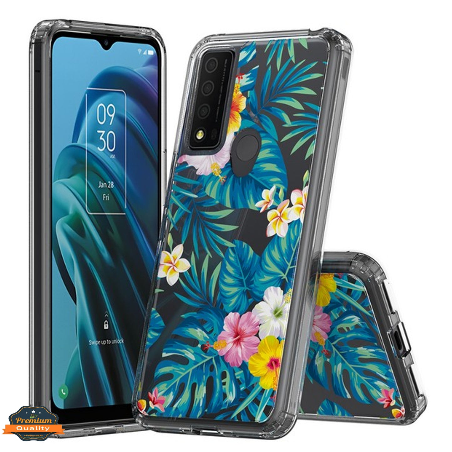 For TCL 30 XE 5G Floral Patterns Design Transparent TPU Silicone Shock Absorption Bumper Slim Hard PC Back Phone Case Cover