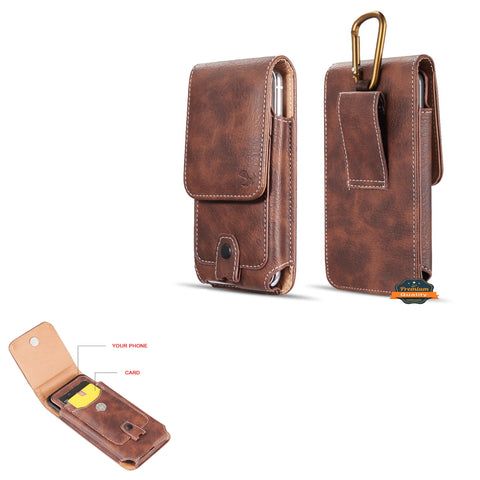 For Nokia C200 Universal Vertical Leather Case Holster with Credit Card Holder, Belt Loop & Carabiner Carrying Phone Pouch [Brown]