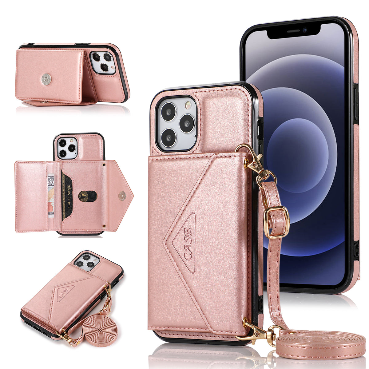 For Apple iPhone 13 Pro Max (6.7") Wallet Case Credit Card ID Holder Lanyard Detachable Neck Strap Flip Slim PU Leather Phone Case Cover
