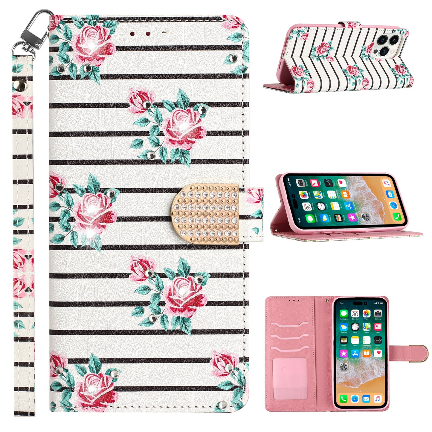 For Apple iPhone 14 Pro Max (6.7") Fashion Diamond Bling Design Wallet Pouch Card Slots Leather With Lanyard Phone Case Cover