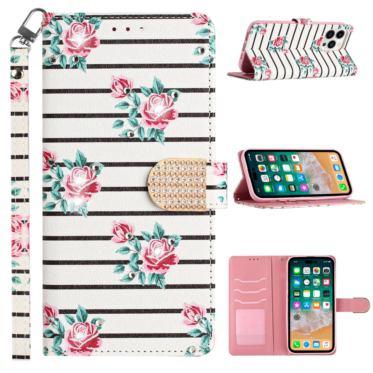 For Apple iPhone 14 Plus 6.7" Fashion Diamond Bling Design Wallet Pouch Card Slots PU Leather With Lanyard Phone Case Cover