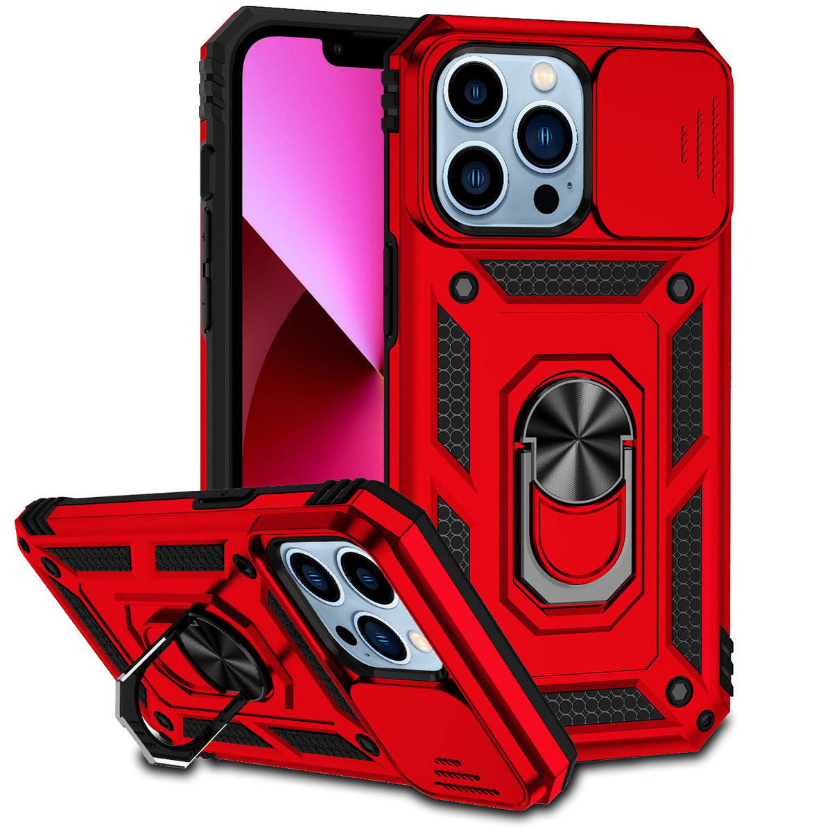 For Apple iPhone 13 Pro Max 6.7" Hybrid Case with Camera Lens Protection & 360° Rotate Ring Kickstand TPU Hard Bumper Phone Case Cover
