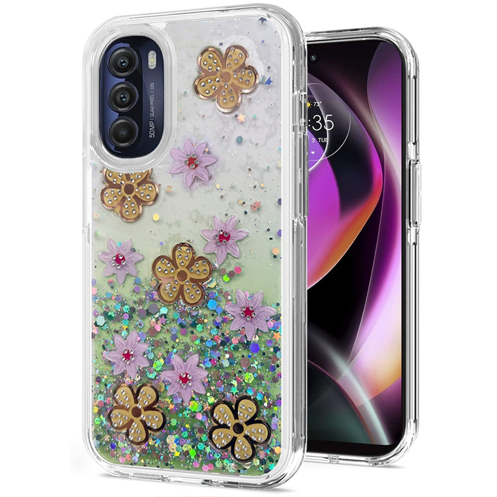 For Motorola Moto G 5G 2022 Floral Stylish Design Glitter Shiny Hybrid Rubber TPU Hard PC Shockproof Armor Slim Fit Phone Case Cover
