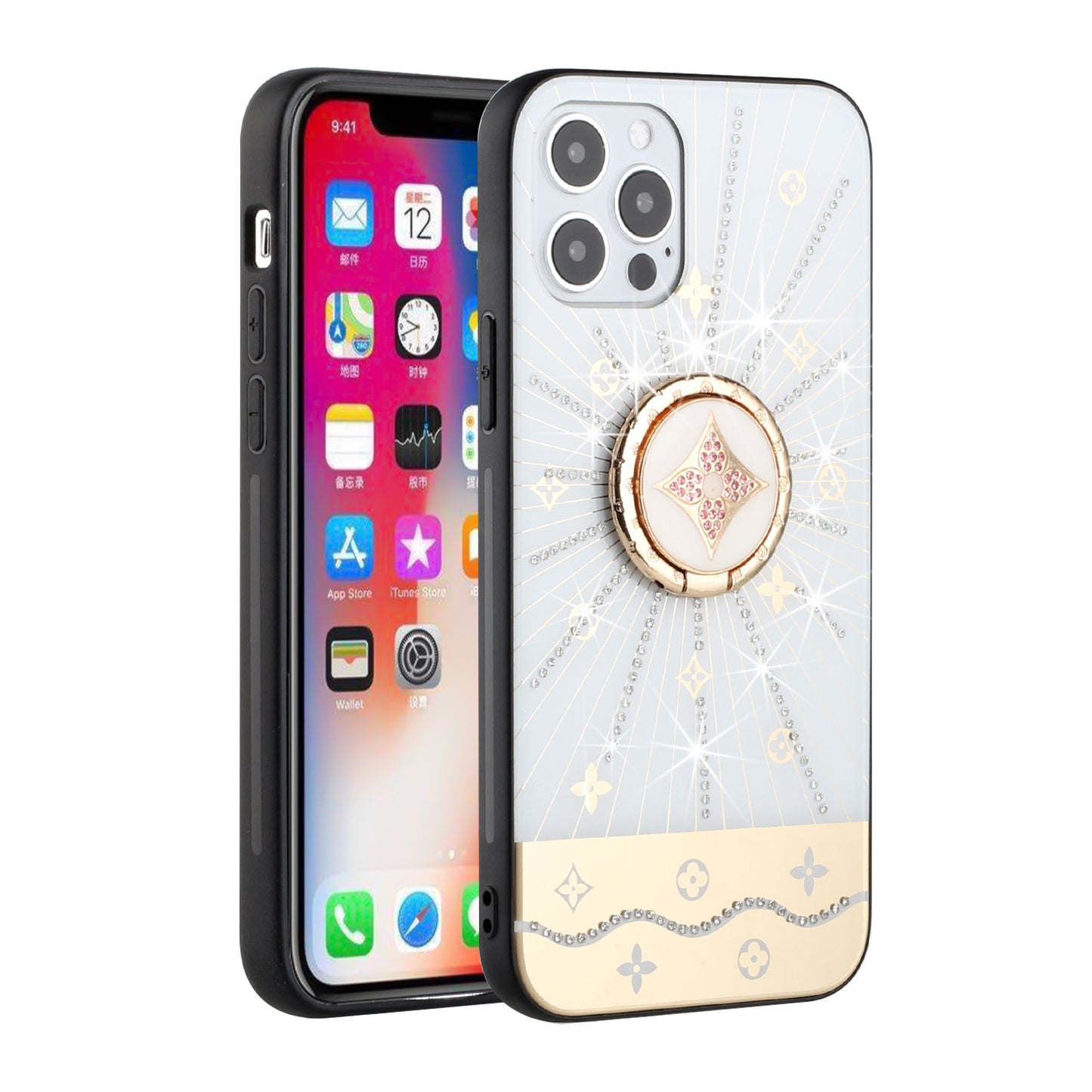 For Apple iPhone 13 Pro Max (6.7") Diamond Bling Sparkly Glitter Ornaments Engraving Hybrid Armor with Ring Stand Holder Fashion Phone Case Cover