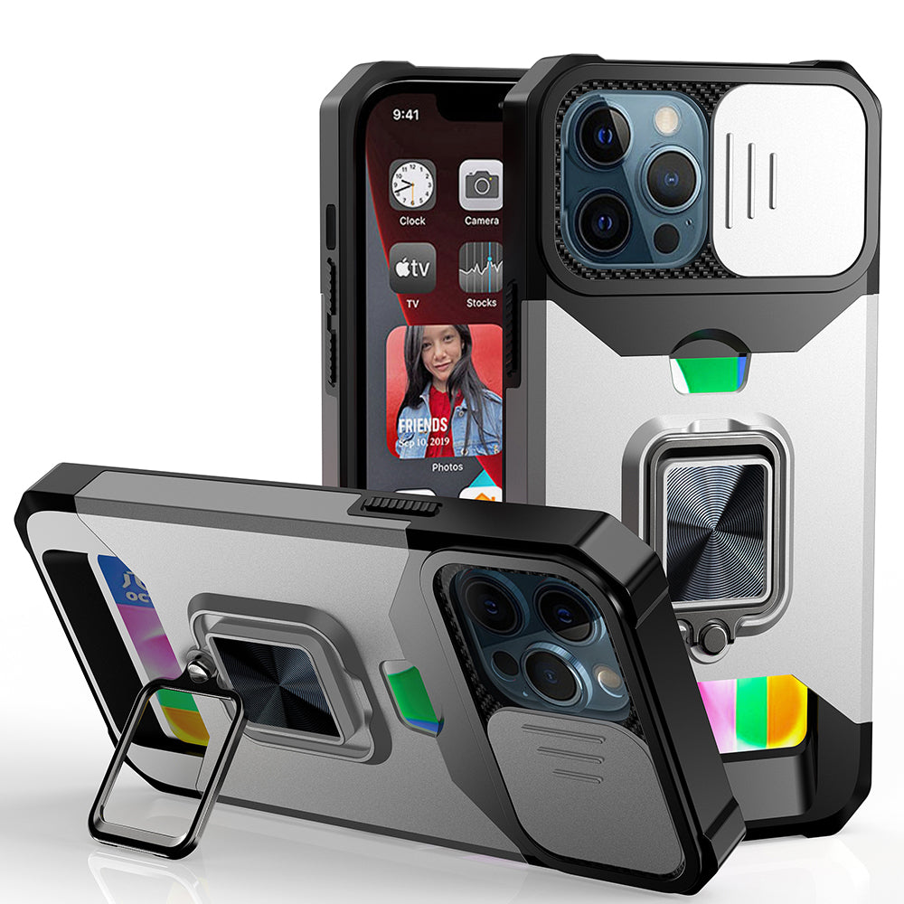 For Apple iPhone 14 (6.1") Wallet with Ring Stand & Slide Camera Cover Credit Card Holder, Military Grade Shockproof Hard Phone Case Cover